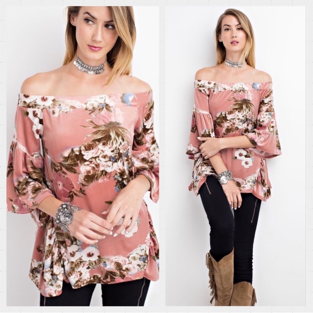 Off-Shoulder Floral Blouse in Dusty Rose